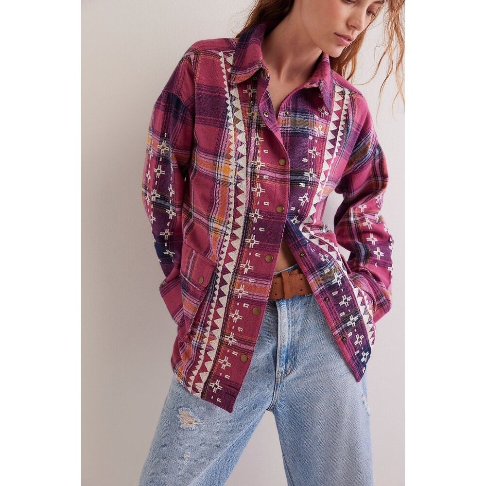 Free People Nordic Chill Plaid Cotton Shirt Jacket Medium in Berry NWT $198